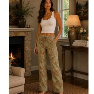 Paloma‎ Wool Pants Women 44 Green Brown Abstract Swirl Linen Wide Leg